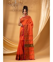 Cotton Handloom Cotton Silk Saree Gulab Work With Blouse Piece (Orange)