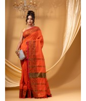 Cotton Handloom Cotton Silk Saree Gulab Work With Blouse Piece (Orange)