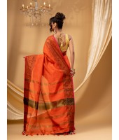 Cotton Handloom Cotton Silk Saree Gulab Work With Blouse Piece (Orange)