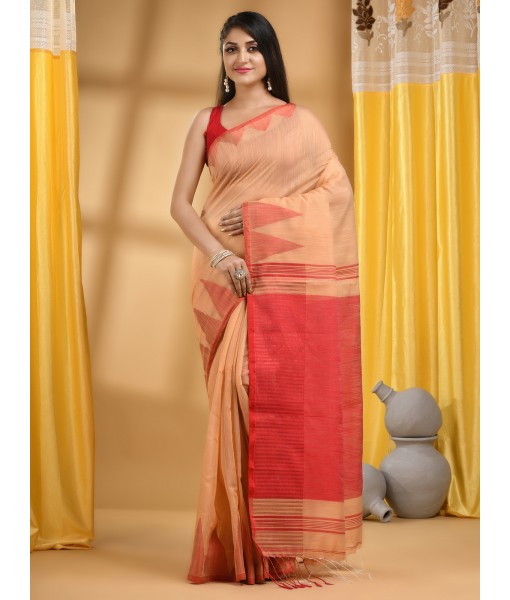  Handloom Tant Pure Cotton Saree Temple Par Desigined With Blouse Piece (Cream red)