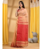  Handloom Tant Pure Cotton Saree Temple Par Desigined With Blouse Piece (Cream red)