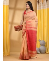  Handloom Tant Pure Cotton Saree Temple Par Desigined With Blouse Piece (Cream red)