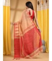  Handloom Tant Pure Cotton Saree Temple Par Desigined With Blouse Piece (Cream red)