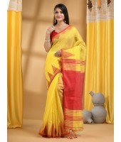 Handloom Tant Pure Cotton Saree Temple Par Desigined With Blouse Piece (Red Yellow)