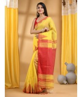 Handloom Tant Pure Cotton Saree Temple Par Desigined With Blouse Piece (Red Yellow)