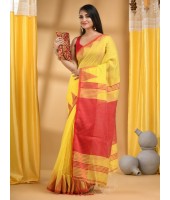 Handloom Tant Pure Cotton Saree Temple Par Desigined With Blouse Piece (Red Yellow)