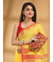 Handloom Tant Pure Cotton Saree Temple Par Desigined With Blouse Piece (Red Yellow)