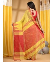 Handloom Tant Pure Cotton Saree Temple Par Desigined With Blouse Piece (Red Yellow)