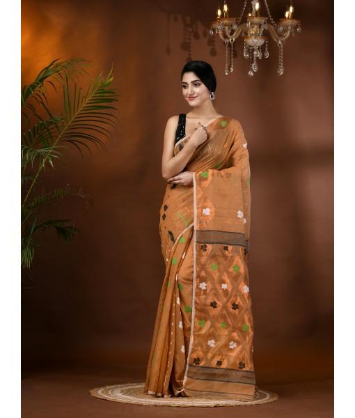  Resham Dhakai Jamdani Cotton Handloom Saree Kohinoor Design Jamdani Saree(Gold)