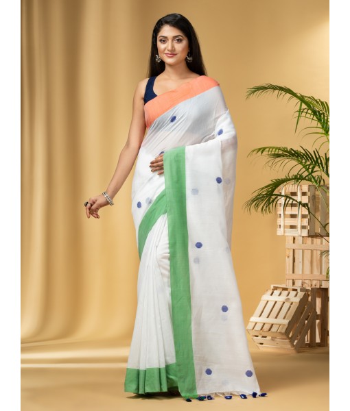 DESH BIDESH Women's Tri Color Pure Handloom Cotton Saree With Blouse Piece (Independance Day Saree Orange White Green)