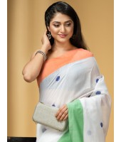 DESH BIDESH Women's Tri Color Pure Handloom Cotton Saree With Blouse Piece (Independance Day Saree Orange White Green)