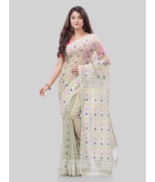 DESH BIDESH Women`s Hirokduti Resham Dhakai jamdani Bengal Pure Cotton Handloom Saree Whole Body Design without Blouse Piece (Off White)