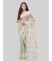 DESH BIDESH Women`s Hirokduti Resham Dhakai jamdani Bengal Pure Cotton Handloom Saree Whole Body Design without Blouse Piece (Off White)