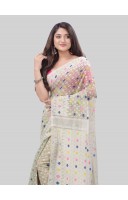 DESH BIDESH Women`s Hirokduti Resham Dhakai jamdani Bengal Pure Cotton Handloom Saree Whole Body Design without Blouse Piece (Off White)