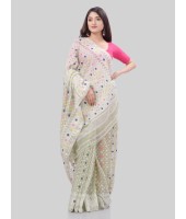 DESH BIDESH Women`s Hirokduti Resham Dhakai jamdani Bengal Pure Cotton Handloom Saree Whole Body Design without Blouse Piece (Off White)