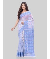 DESH BIDESH Women`s Hirokduti Resham Dhakai jamdani Bengal Pure Cotton Handloom Saree Whole Body Design without Blouse Piece (Blue White) 