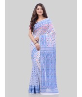 DESH BIDESH Women`s Hirokduti Resham Dhakai jamdani Bengal Pure Cotton Handloom Saree Whole Body Design without Blouse Piece (Blue White) 