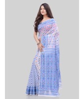 DESH BIDESH Women`s Hirokduti Resham Dhakai jamdani Bengal Pure Cotton Handloom Saree Whole Body Design without Blouse Piece (Blue White) 