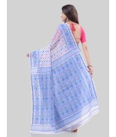 DESH BIDESH Women`s Hirokduti Resham Dhakai jamdani Bengal Pure Cotton Handloom Saree Whole Body Design without Blouse Piece (Blue White) 