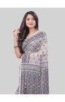 DESH BIDESH Women`S Hirokduti Resham Dhakai Jamdani Bengal Pure Cotton Handloom Saree Whole Body Design Without Blouse Piece(White Grey)