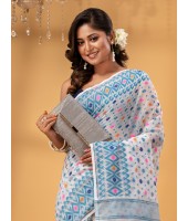 Hirokduti Resham Dhakai jamdani Bengal Pure Cotton Handloom Saree Whole Body Design without Blouse Piece (White Blue)