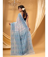 Hirokduti Resham Dhakai jamdani Bengal Pure Cotton Handloom Saree Whole Body Design without Blouse Piece (White Blue)