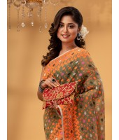 Hirokduti Resham Dhakai jamdani Bengal Pure Cotton Handloom Saree without Blouse Piece (Gray Orange)