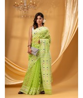 Hirokduti Resham Dhakai jamdani Bengal Pure Cotton Handloom Saree without Blouse Piece (Green White)