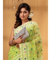 Hirokduti Resham Dhakai jamdani Bengal Pure Cotton Handloom Saree without Blouse Piece (Green White)