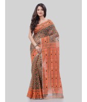 DESH BIDESH Women`s Hirokduti Resham Dhakai jamdani Bengal Pure Cotton Handloom Saree without Blouse Piece(Grey Orange)