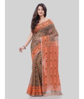 DESH BIDESH Women`s Hirokduti Resham Dhakai jamdani Bengal Pure Cotton Handloom Saree without Blouse Piece(Grey Orange)