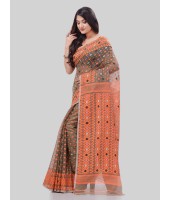 DESH BIDESH Women`s Hirokduti Resham Dhakai jamdani Bengal Pure Cotton Handloom Saree without Blouse Piece(Grey Orange)