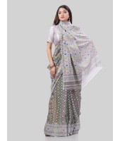 DESH BIDESH Women`s Hirokduti Resham Dhakai jamdani Bengal Pure Cotton Handloom Saree without Blouse Piece(White Black)