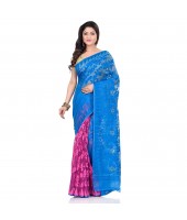 dB Desh Bidesh Women`s Bengal Handloom Tant Soft Dhakai Jamdani Cotton Saree Whole Body Design (Blue Pink)