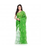 dB Desh Bidesh Women`s Bengal Handloom Tant Soft Dhakai Jamdani Cotton Saree Whole Body Design (Green White)