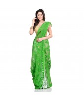 dB Desh Bidesh Women`s Bengal Handloom Tant Soft Dhakai Jamdani Cotton Saree Whole Body Design (Green White)