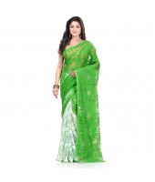 dB Desh Bidesh Women`s Bengal Handloom Tant Soft Dhakai Jamdani Cotton Saree Whole Body Design (Green White)