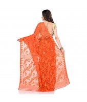 dB Desh Bidesh Women`s Bengal Handloom Tant Soft Dhakai Jamdani Cotton Saree Whole Body Design (Orange Green)