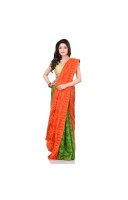 dB Desh Bidesh Women`s Bengal Handloom Tant Soft Dhakai Jamdani Cotton Saree Whole Body Design (Orange Green)