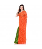 dB Desh Bidesh Women`s Bengal Handloom Tant Soft Dhakai Jamdani Cotton Saree Whole Body Design (Orange Green)