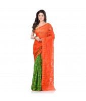 dB Desh Bidesh Women`s Bengal Handloom Tant Soft Dhakai Jamdani Cotton Saree Whole Body Design (Orange Green)