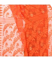 dB Desh Bidesh Women`s Bengal Handloom Tant Soft Dhakai Jamdani Cotton Saree Whole Body Design (Orange Green)