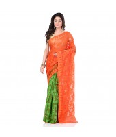 dB Desh Bidesh Women`s Bengal Handloom Tant Soft Dhakai Jamdani Cotton Saree Whole Body Design (Orange Green)