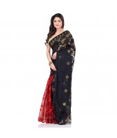 dB Desh Bidesh Women`s Bengal Handloom Tant Soft Dhakai Jamdani Cotton Saree Whole Body Design (Red Black)