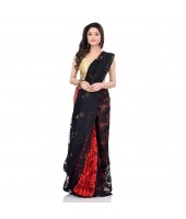 dB Desh Bidesh Women`s Bengal Handloom Tant Soft Dhakai Jamdani Cotton Saree Whole Body Design (Red Black)