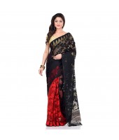 dB Desh Bidesh Women`s Bengal Handloom Tant Soft Dhakai Jamdani Cotton Saree Whole Body Design (Red Black)