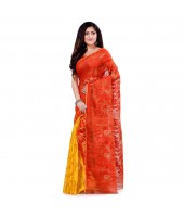 dB Desh Bidesh Women`s Bengal Handloom Tant Soft Dhakai Jamdani Cotton Saree Whole Body Design (Red Yellow)