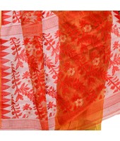 dB Desh Bidesh Women`s Bengal Handloom Tant Soft Dhakai Jamdani Cotton Saree Whole Body Design (Red Yellow)