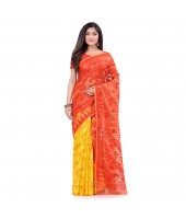 dB Desh Bidesh Women`s Bengal Handloom Tant Soft Dhakai Jamdani Cotton Saree Whole Body Design (Red Yellow)