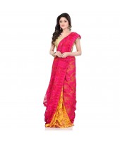 dB Desh Bidesh Women`s Bengal Handloom Tant Soft Dhakai Jamdani Cotton Saree Whole Body Design (Pink Yellow)